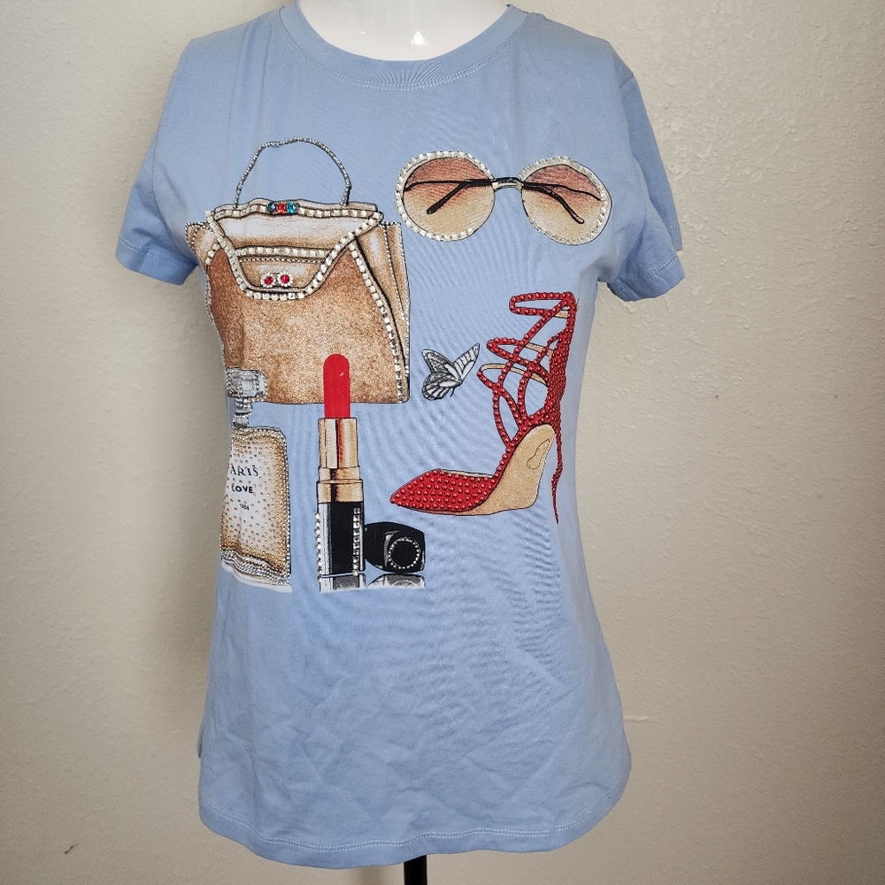 Euro chic Blue Graphic Women's Top beaded rhinestones